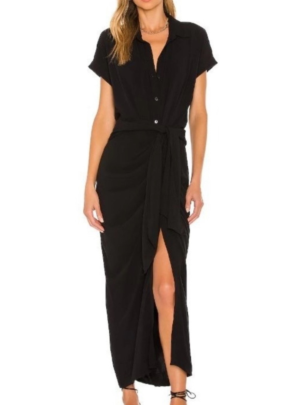 L*SPACE Prism Ruched Tie Waist Black Midi Dress Size S